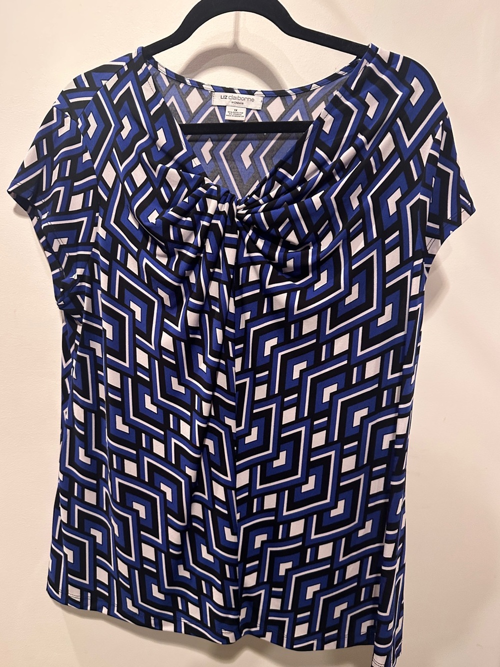 Liz Claiborne Blue and White Geometric Tie-Front Blouse 1X